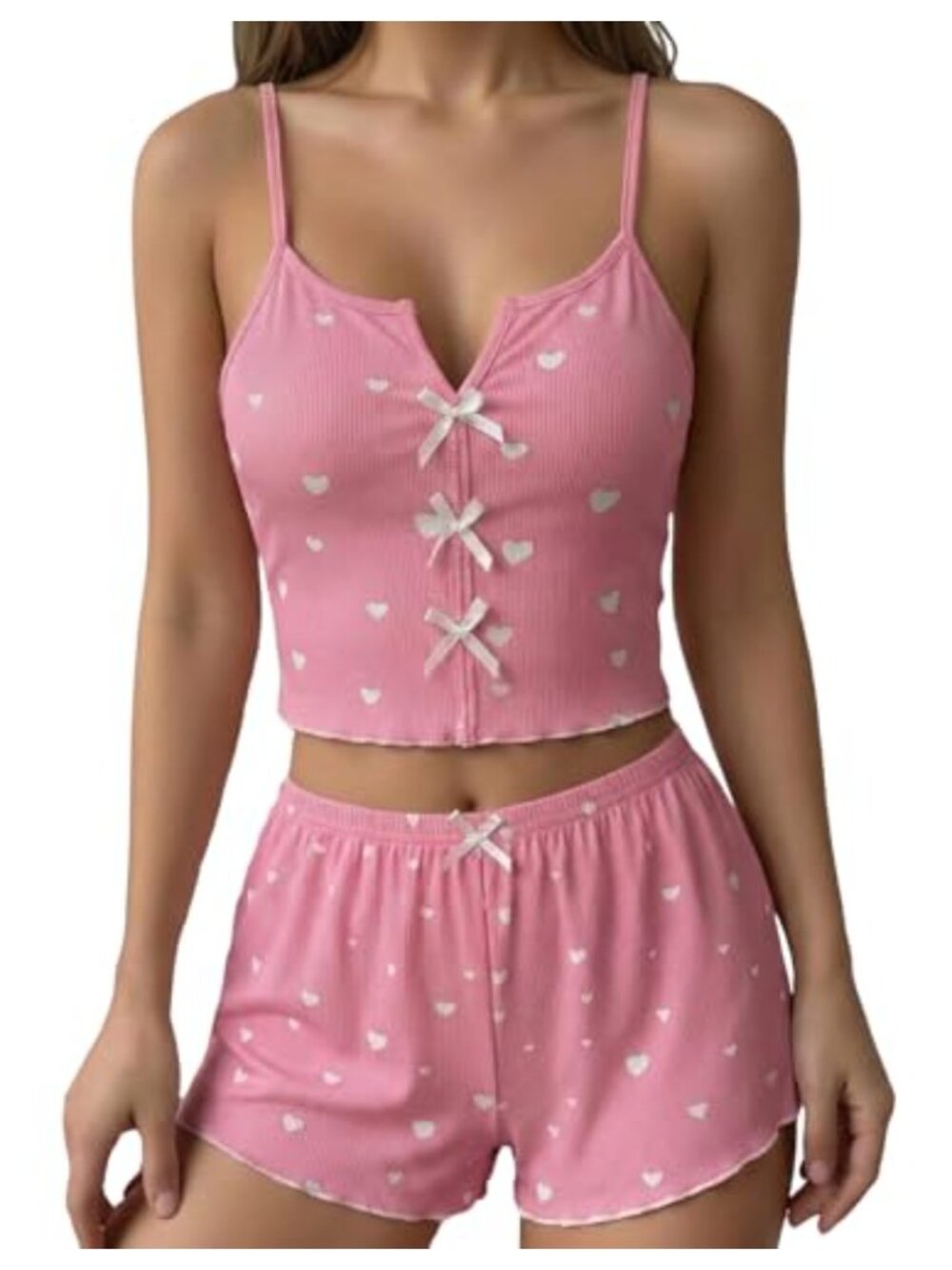 FEOYA Women's Cami and Shorts Sleep Set 2 Piece Ribbed Heart Print Pajama Set